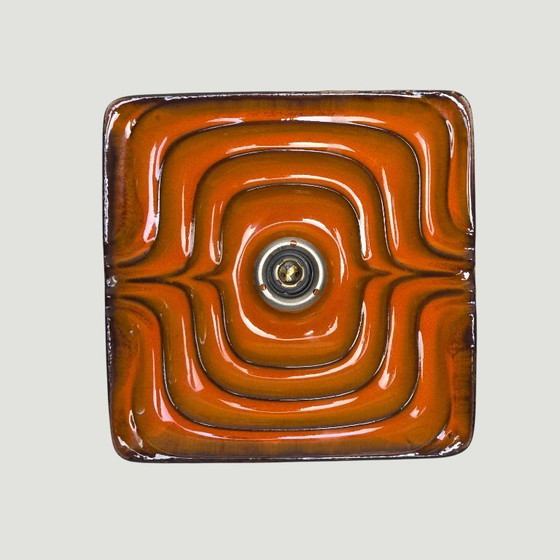 Image 1 of Vintage vierkante oranje wandlamp. Pop Art muurlamp van keramiek. Duitsland, jaren 60. Space age. Reparatie aan achterkant