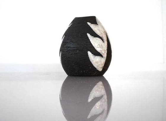 Image 1 of Vintage Danish pottery vase with graphic monochrome design and glazing from Helge Österberg