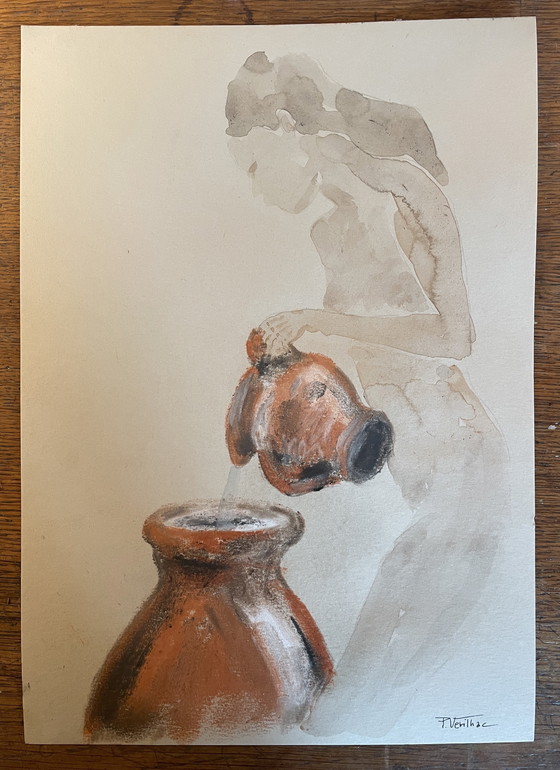 Image 1 of Ritratto di donna e natura morta in stile orientalista con acquerello pastello