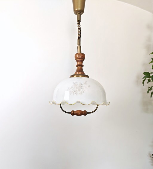 Vintage 1970s Opaline Glass Pendant Light / Mid Century Modern Ceiling Lamp / Scalloped Floral Shade with Wood Brass / Retro Hom