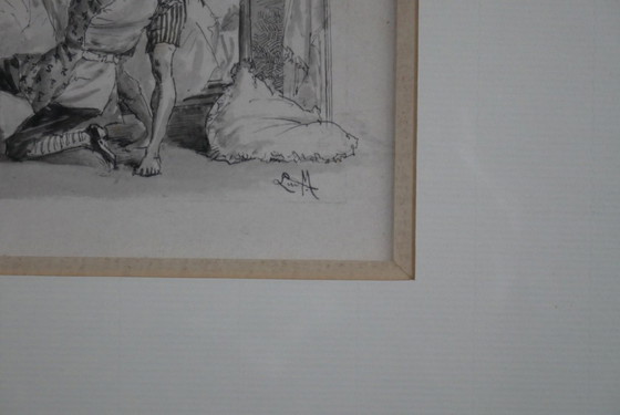 Image 1 of Pain. Black and white engraving, marquetry wood frame