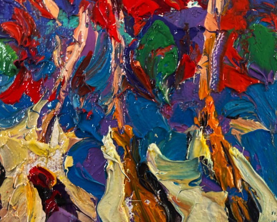 Image 1 of Original Oil Painting Colorful Forest Landscape Trees burn with the evening light
