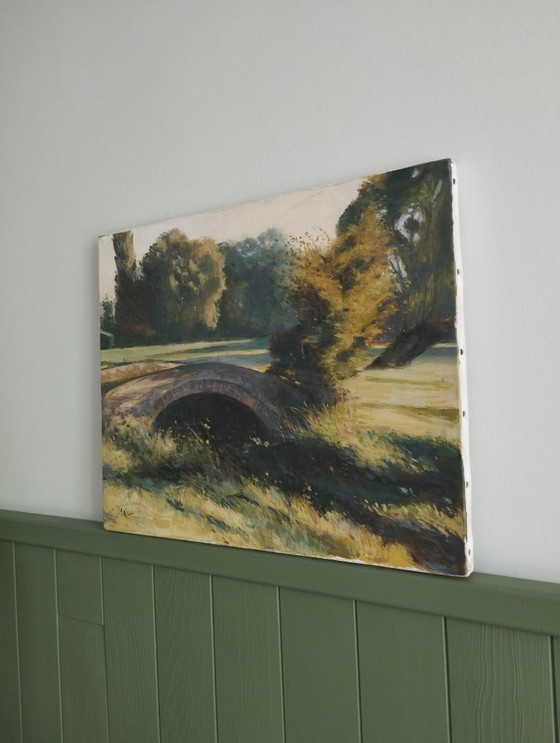 Image 1 of Old brick bridge in Normandy - Signed oil painting