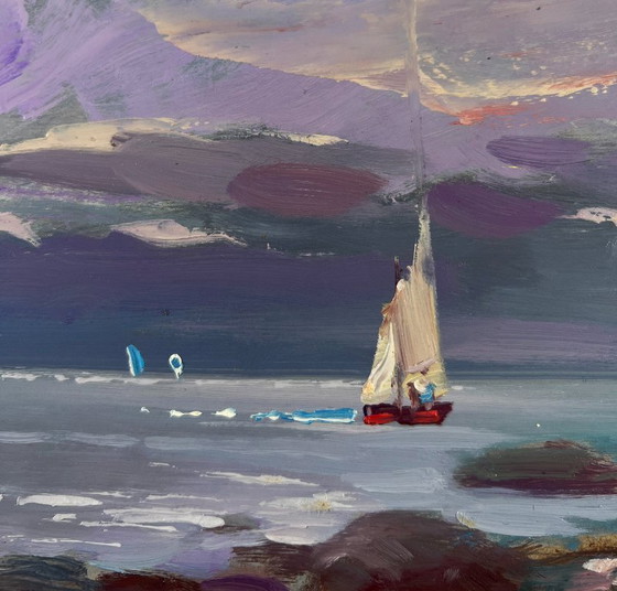 Image 1 of Original Oil Painting Evening Coastal Landscape Sailboat Over Blue Waves