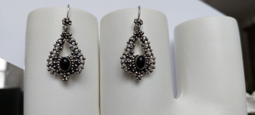 Handmade Vintage Silver Earrings (900 Silver) with Black Stone / Onyx