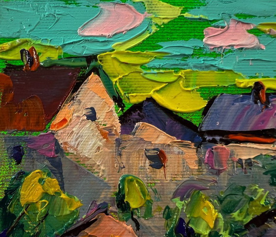 Originales Ölgemälde: Sommerlandschaft mit Dorfhäusern – Gemälde & Zeichnungen, Canvas (photo 7 of 8)