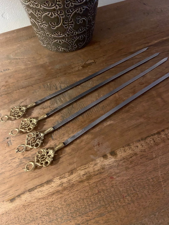 Image 1 of Spiedini per barbecue, 4 pezzi, acciaio inox, stile vintage anni '60, ottone.