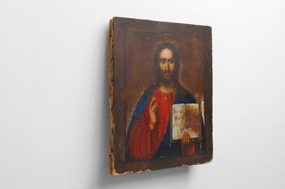 Image 1 of Icono religioso ruso del siglo XIX de Cristo Pantocrátor, pintado a mano sobre madera.