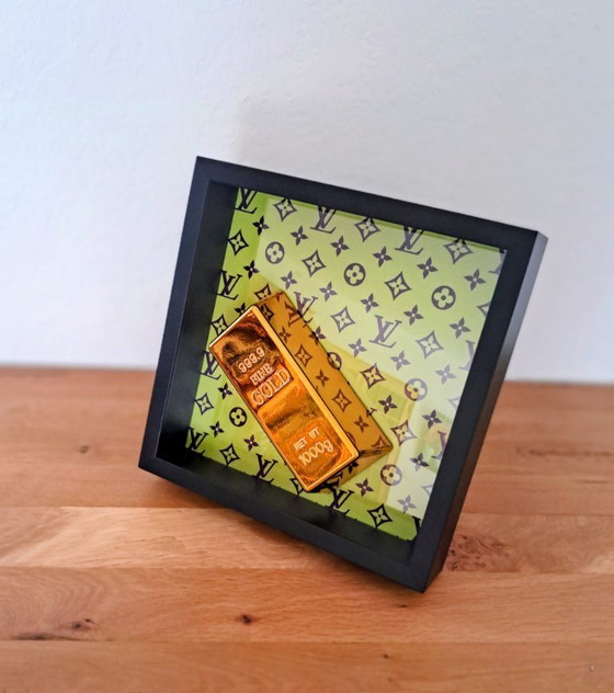 Image 1 of nLm - Gold Bar on Louis Vuitton Style Purple/Green - Decorative Object