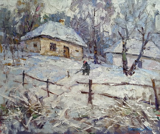 Peinture à l'huile originale Paysage rural Vie de village Il a neigé