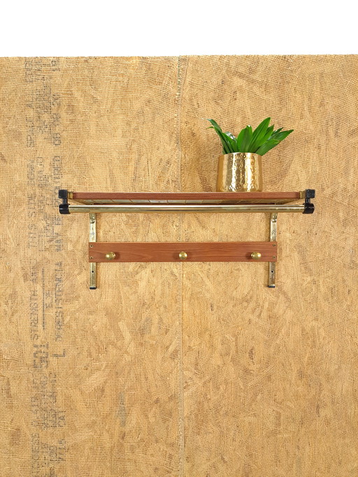 Gold Color Coat Rack From Sweden With Teak And Shelf No.1