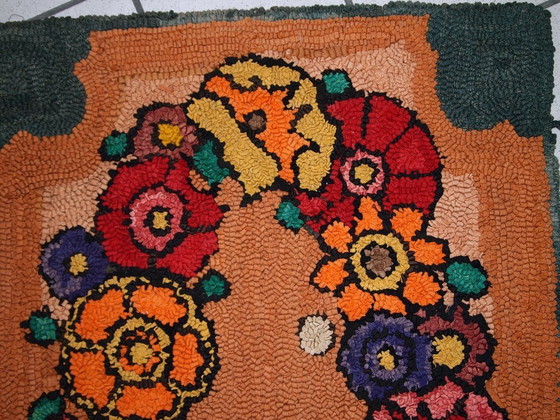 Image 1 of Vintage American Hooked Rug 2'x3' - 1930s Orange Floral