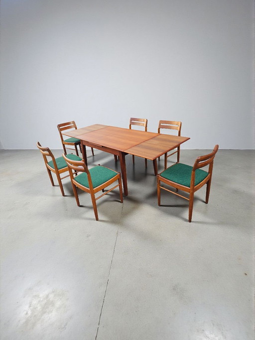 Seltenes Mid Century Teak Esszimmer Set 6x Stühle Esszimmerstühle Tisch ausziehbar 1960er Jahre Made in Denmark