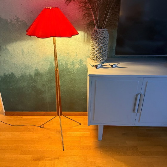 Image 1 of Scandinavian Mid-Century Floor Lamp in Teak and Brass with Original Shade
