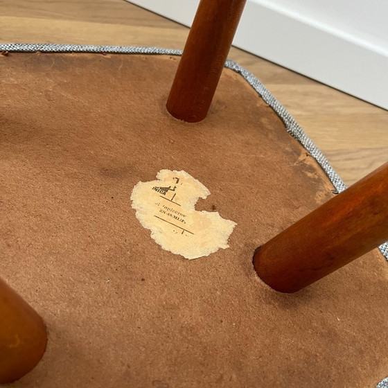 Image 1 of Vintage Polish Footstool: Mid Century Modern Grey Fabric, Wood Legs