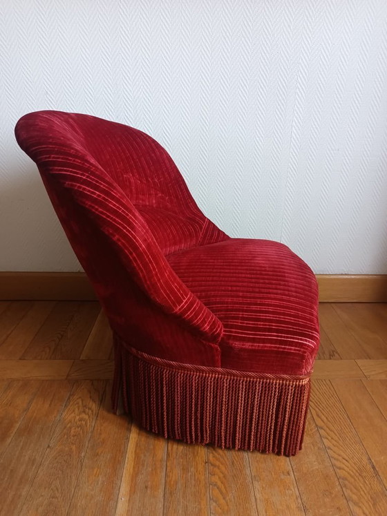 Image 1 of Rode fluwelen paddenstoelfauteuil met franjes