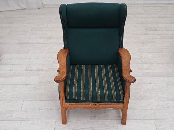 Image 1 of 1970s, Danish high back armchair, furniture wool, solid oak wood.