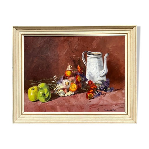 Painting, still life with flowers and fruits. – schilderijen tekeningen, Canvas