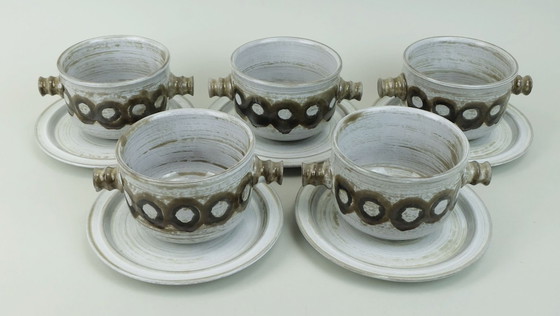 Image 1 of 5 soup bowls with plates ceramano gala sepia esthetique tique gerda heuckeroth 1970s