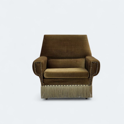 1970s, Danish armchair, green furniture velour, ash wood legs.