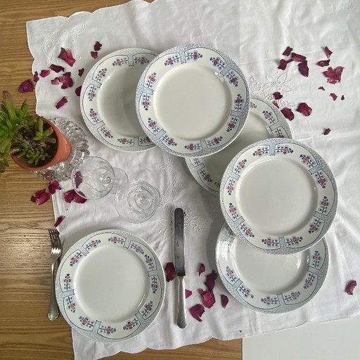 6 piatti piani Creil e Montereau, modello Toledo, terracotta antica