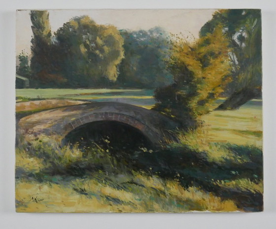 Oude bakstenen brug in Normandië - Gesigneerd olieverfschilderij – Schilderijen & Tekeningen, Canvas (photo 3 of 16)