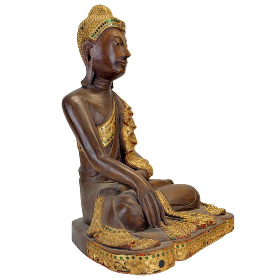 Antique Burmese Mandalay Wooden Buddha – Bhumisparsha – c. 1900–1930 – Sculpture, Glass (photo 5 of 11)