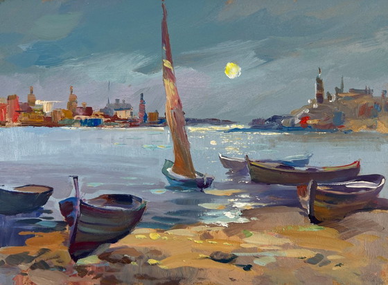 Image 1 of Peinture à l'huile originale représentant un paysage urbain fluvial avec des bateaux au clair de lune