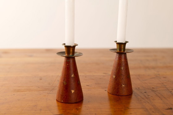 Image 1 of 2x Vintage Small teak and brass triangle inlay candle sticks