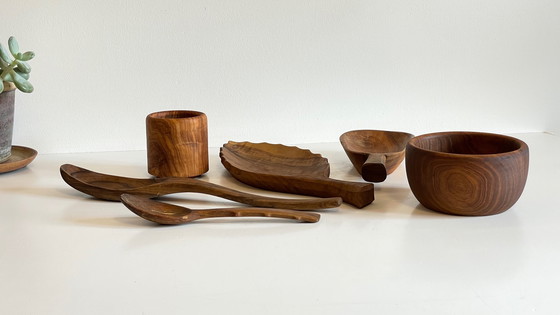 Image 1 of Lot Coupelles en Bois Tourné et Sculpté Vintage
