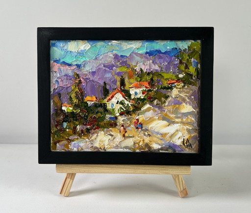 Original Oil Painting Summer Nature Landscape Village among the mountains