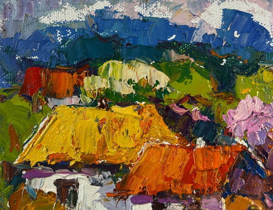 Image 1 of Original Oil Painting Summer Village Landscape Time stops in the green light