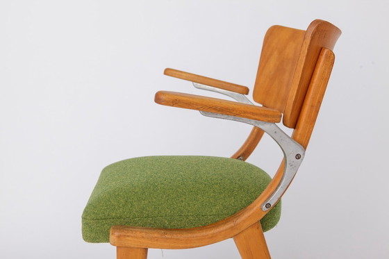 Image 1 of Vintage Armchair 1950s Germany, Beech Wood Chair, Restored & Reupholstered, Light Green Seat, Mid Century Modern