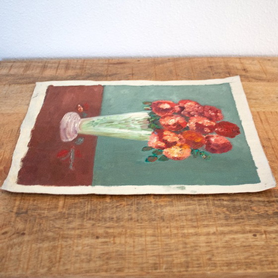 Image 1 of Vintage Still Life of Flowers in a Vase, Oil on Canvas, Unframed