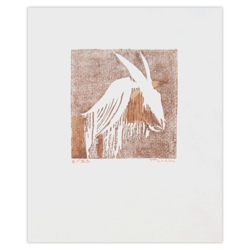 Monique PEHEM (BRETON-PROUTÉ) Capricornio Linograbado firmado 2003