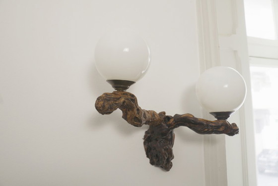 Image 1 of  Vintage Driftwood Wall Lamp Double Opaline Globe Sconce Vine Root Light Fixture Organic Brutalist Lighting Handmade Wall Light 