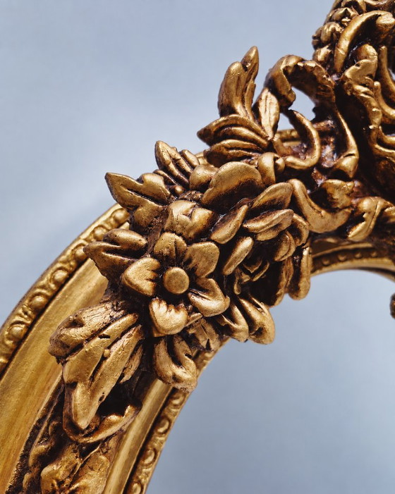 Large Golden Full-Length Mirror with Ornate Crest – Green Square, Wood, Vintage (photo 4 of 8)