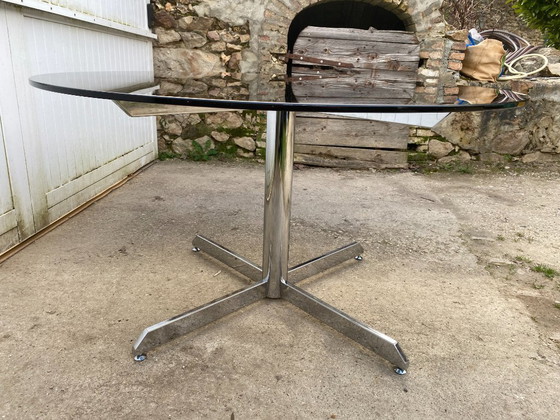 Image 1 of Round smoked glass and chrome table by Florence Knoll and Roche Bobois, 1970s