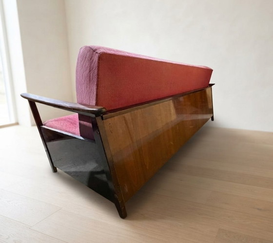 Bordeauxrode opklapbare slaapbank van Edmund Homa, mid-century modern, jaren 60, Tsjechoslowakije, 200 × 88 (photo 13 of 13)