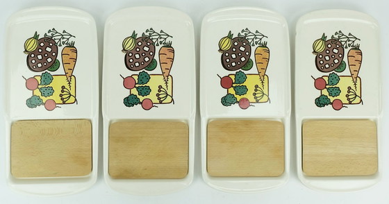 Image 1 of set of 4 waechtersbach SNACK PLATTERS vegetable plate ceramic with wooden insert 1950s 60s