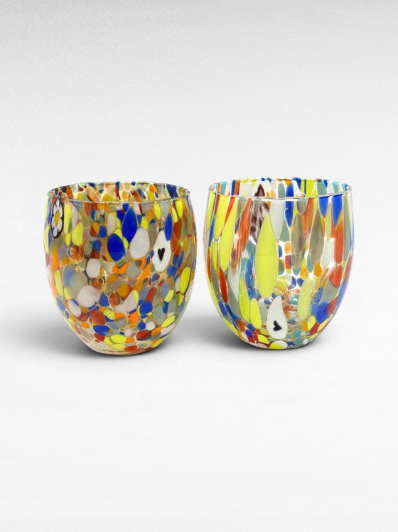 Image 1 of Set di 7 bicchieri in vetro soffiato veneziano con murrine Effetre Murano fuse nel vetro, hand made in italy.