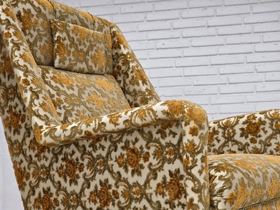 Fauteuil danois à dossier haut des années 1970, tissu d'ameublement marron/beige, bois de teck. – Textile (photo 13 of 13)