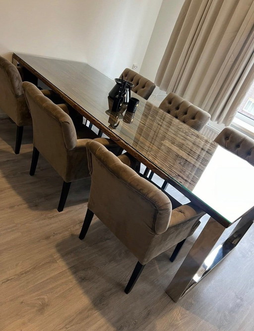 Rofra dining table 2.70 m glass top, 6 dining chairs, sideboard, coffee table