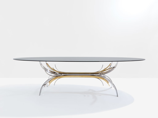 Maria Pergay Table de salle à manger en acier poli et laiton Gerbe 1970