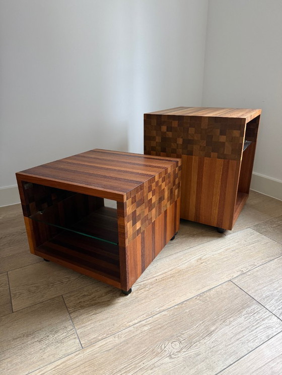 Image 1 of 2x Leolux Vidar Masai wooden side tables with height differences
