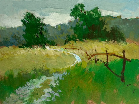 Image 1 of Original Oil Painting Summer Road Landscape Golden summer fields