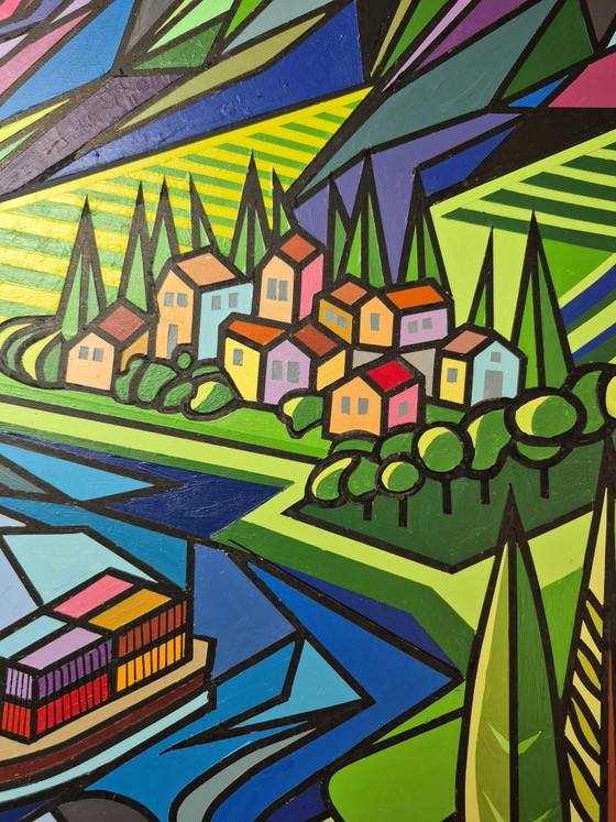 Large Colorful Painting 95 X 95 Cm – Industrial Landscape – Paintings & Drawings, Mdf (photo 5 of 5)