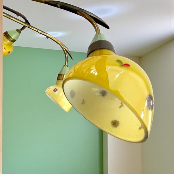 Image 1 of Lámpara de araña Sputnik de latón y cristal amarillo de mediados de siglo con 6 luces, década de 1940