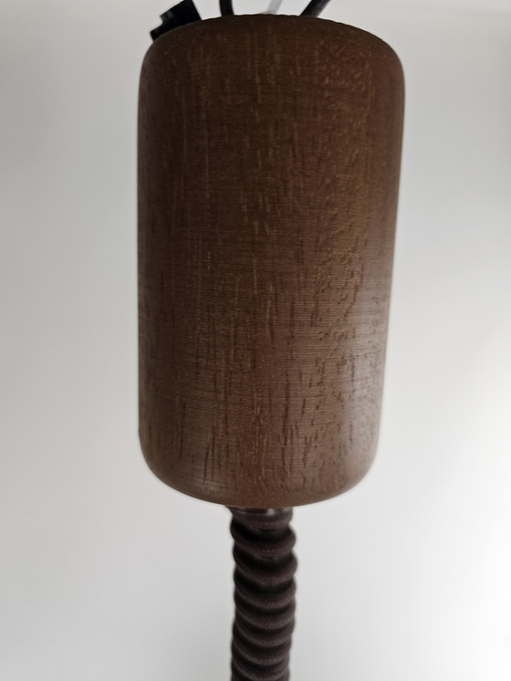 Image 1 of Lámpara colgante Domus pantalla de tela y elementos de teca