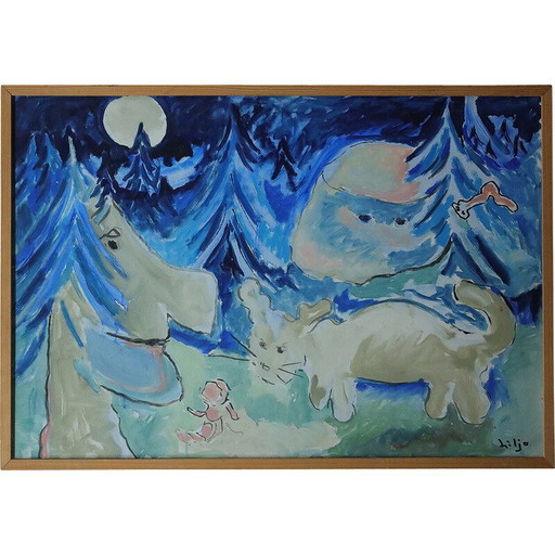 Vintage Sagomöte oil on board by Lennart Lilja